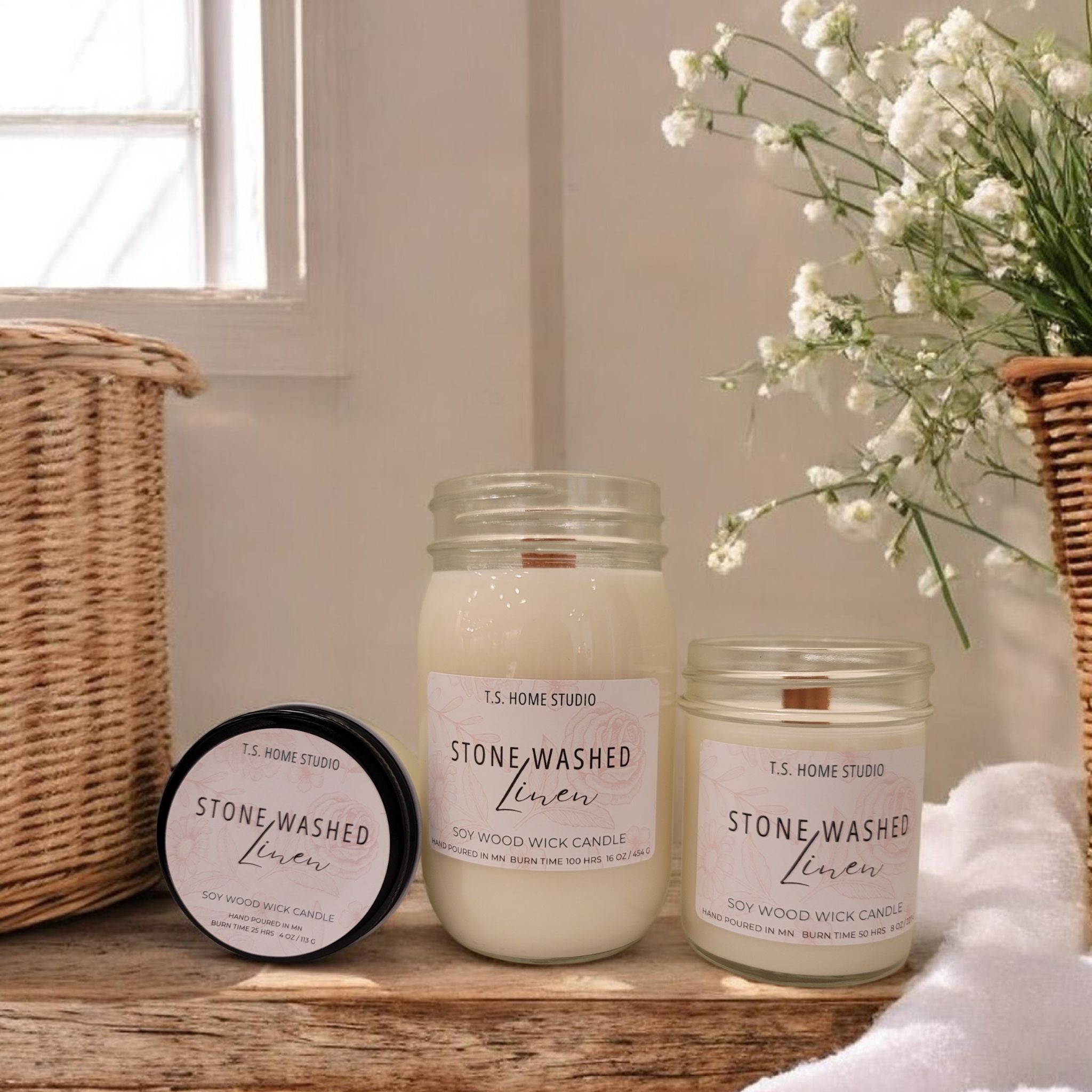 Stone Washed Linen Soy Wood Wick Candle