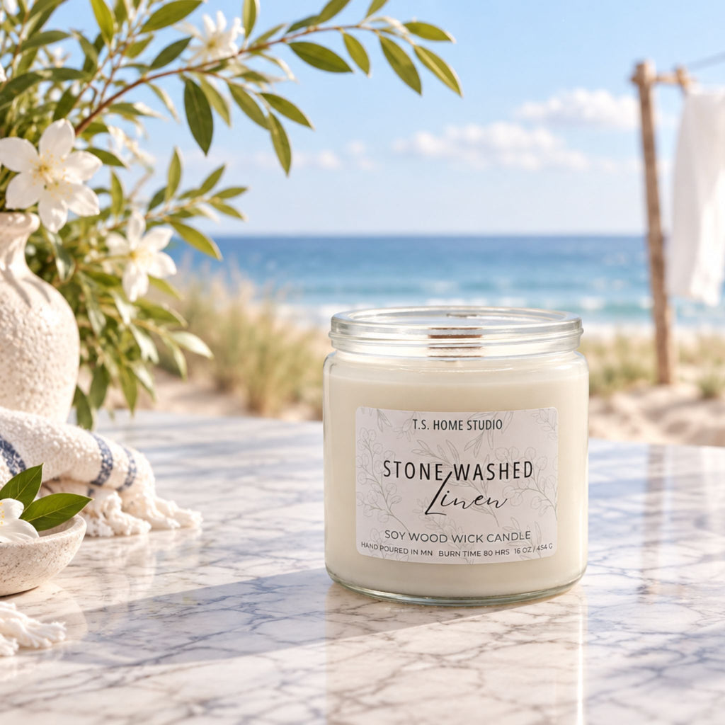 Stone Washed Linen Soy Wood Wick Candle