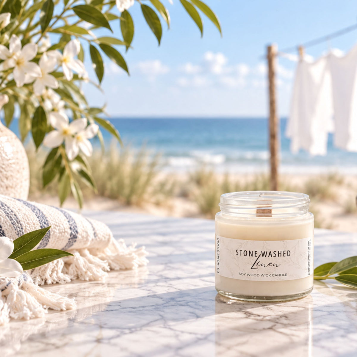 Stone Washed Linen Soy Wood Wick Candle