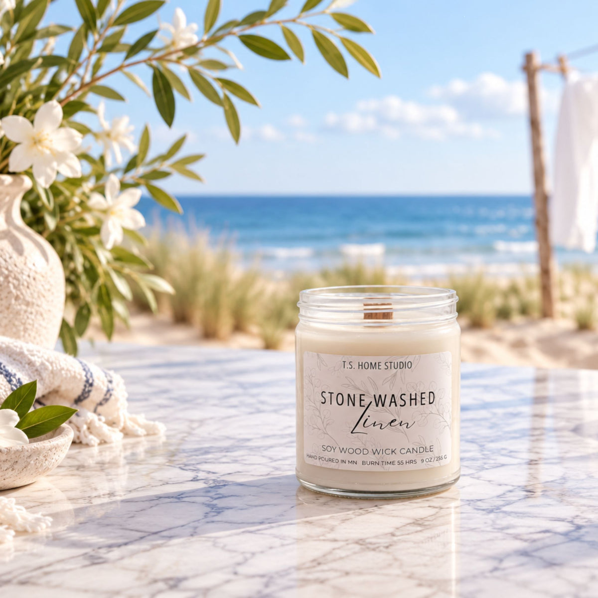 Stone Washed Linen Soy Wood Wick Candle