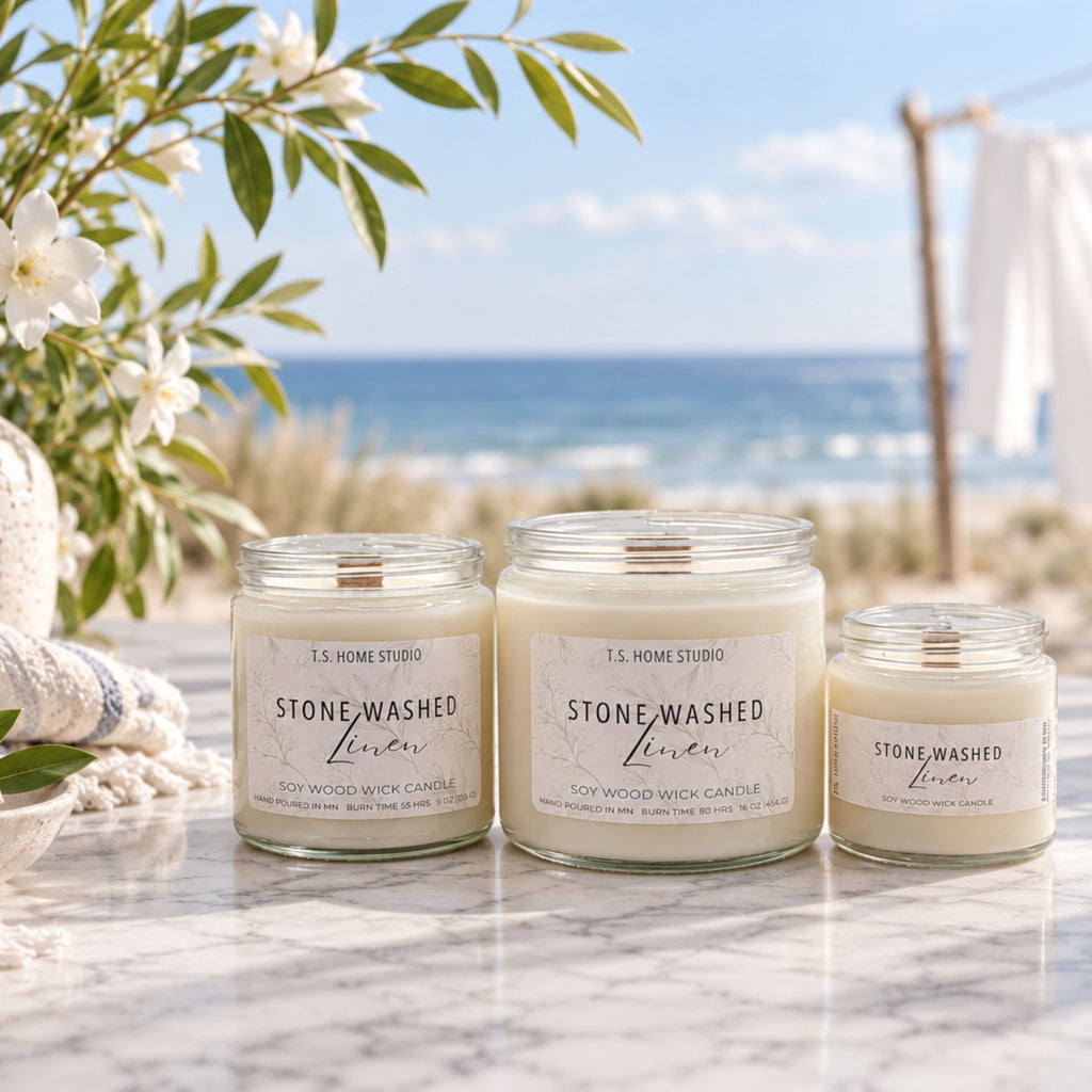 Stone Washed Linen Soy Wood Wick Candle