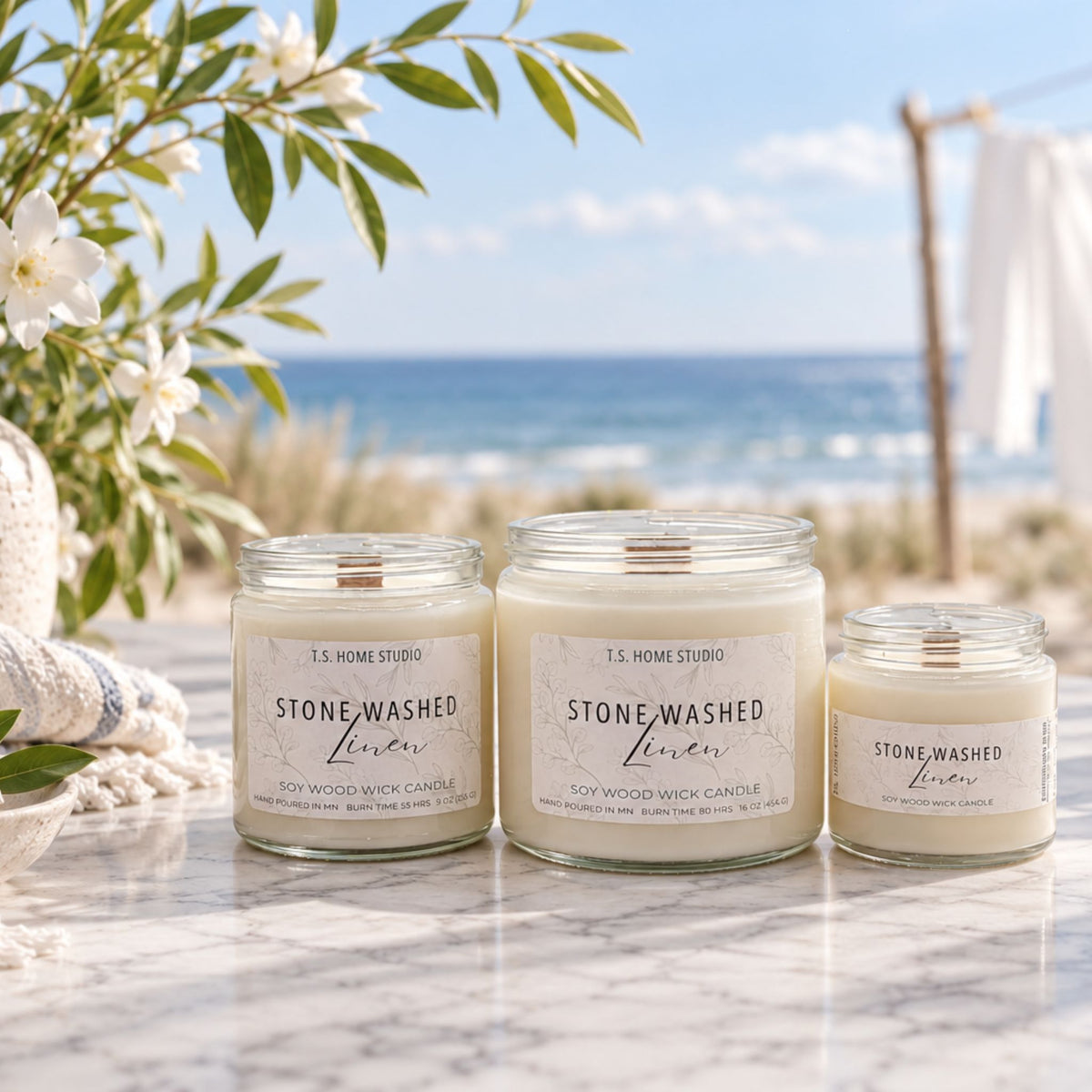 Stone Washed Linen Soy Wood Wick Candle